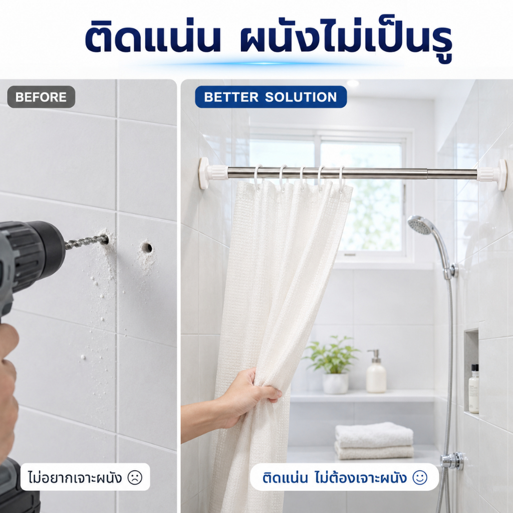 ราวยืดหดได้สแตนเลส ไม่ต้องเจาะผนัง ปรับความยาวได้ ราวแขวนผ้า ราวม่าน ใช้ในห้องน้ำ ตู้เสื้อผ้า และระเบียง