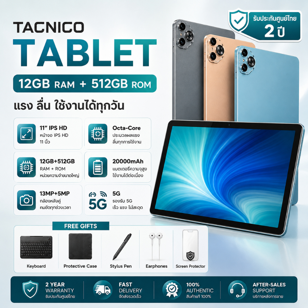 Tacnico Tablet 12GB+512GB แท็บเล็ต 4G/5G หน้าจอ 11 นิ้ว Android Tablet สำหรับเรียน ทำงาน ดูหนัง 100%