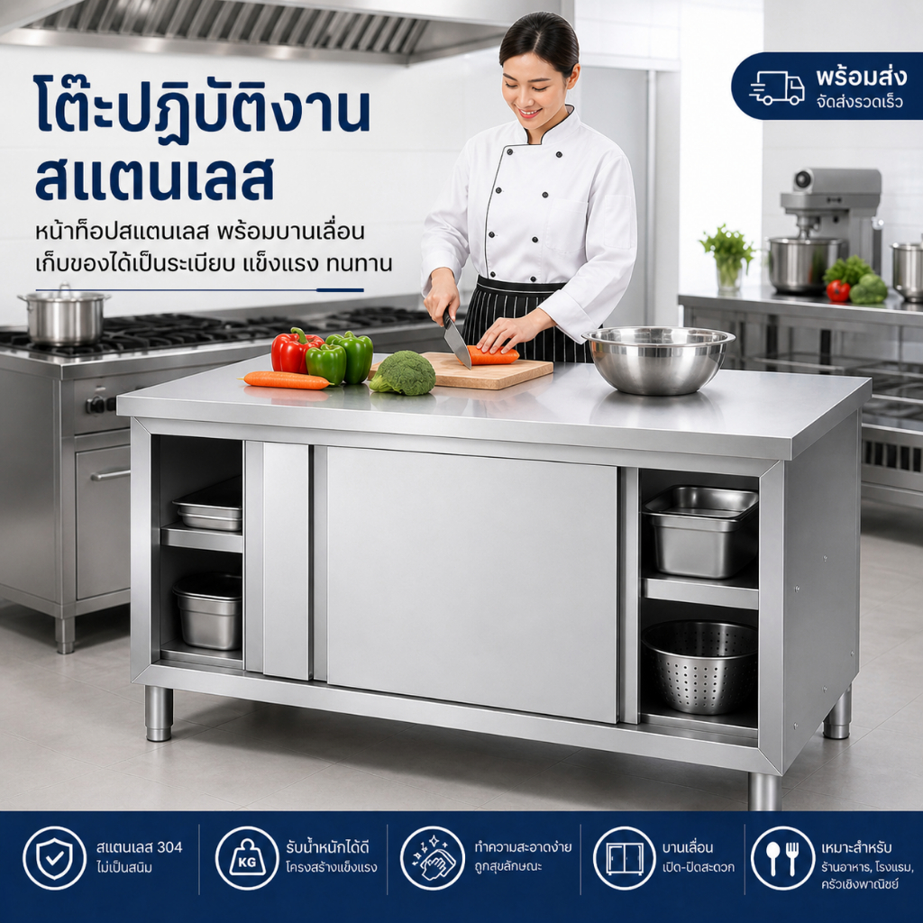 โต๊ะเตรียมอาหารสแตนเลส กันสนิม แข็งแรง ใช้ในร้านอาหาร-ร้านค้า โต๊ะทำงานในครัว โต๊ะสแตนเลสสำหรับครัว