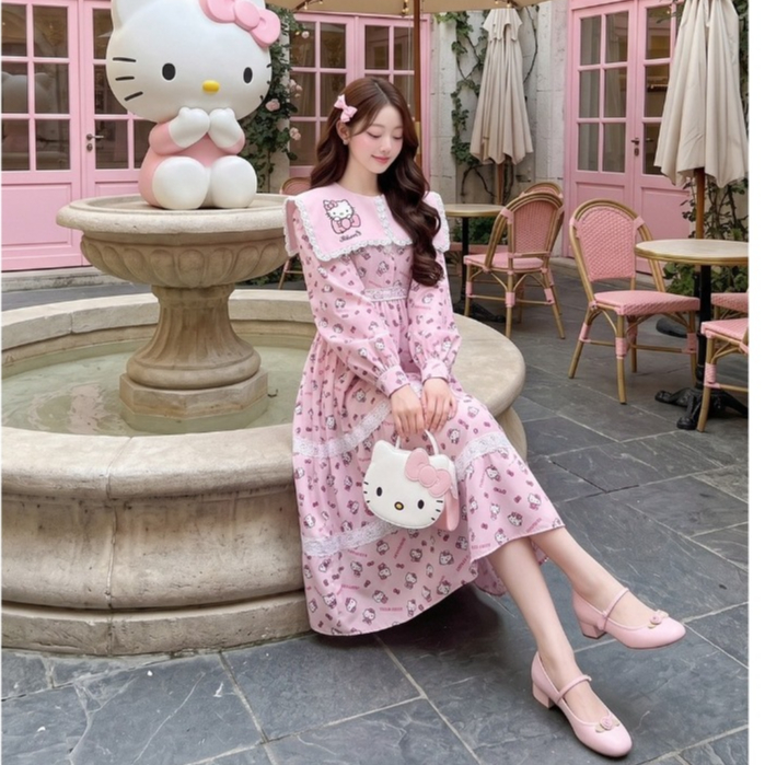 (มีถึง3XL) ผ้าเปเป้ Jelly Kitty Dress เดรสยาวผ้าเปเป้พิม์ลาย ปกกะลาสีงานปัก แขนยาว แต่งเทปลูกไม้ ซิปหลัง มีซับใน