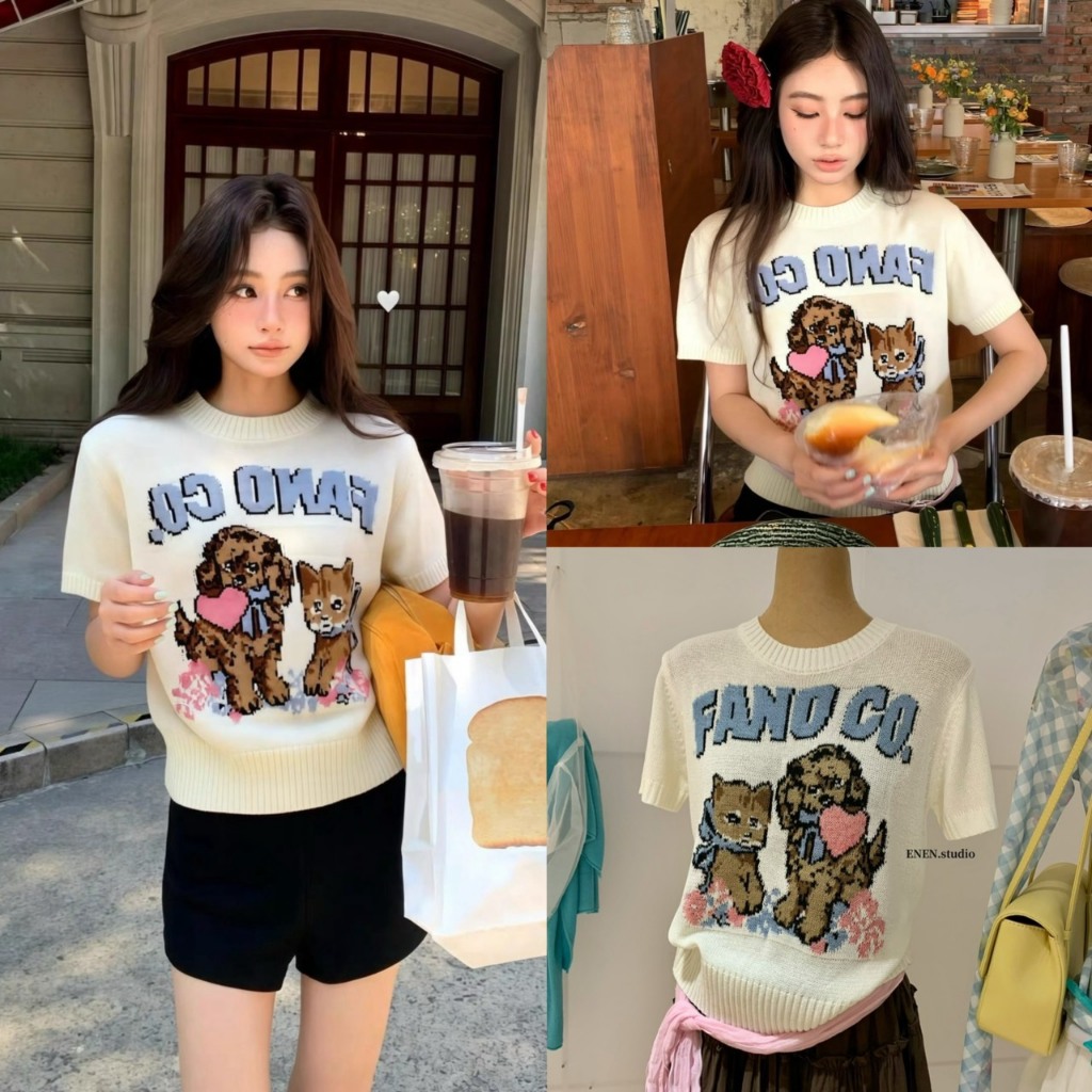 เสื้อคอกลมแขนสั้นผ้าไหมพรม ทอลายช่วงอก - 10797 TAG EN.EN