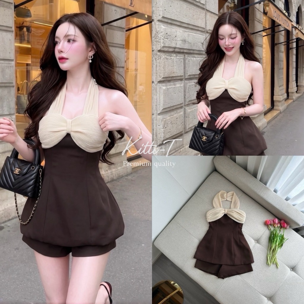 KITTI-T KT 1743 เซ็ตเสื้อทูโทน ผ้าอัดพลีทโทนสีครีมเบจเกาะอกทรงคล้องคอ