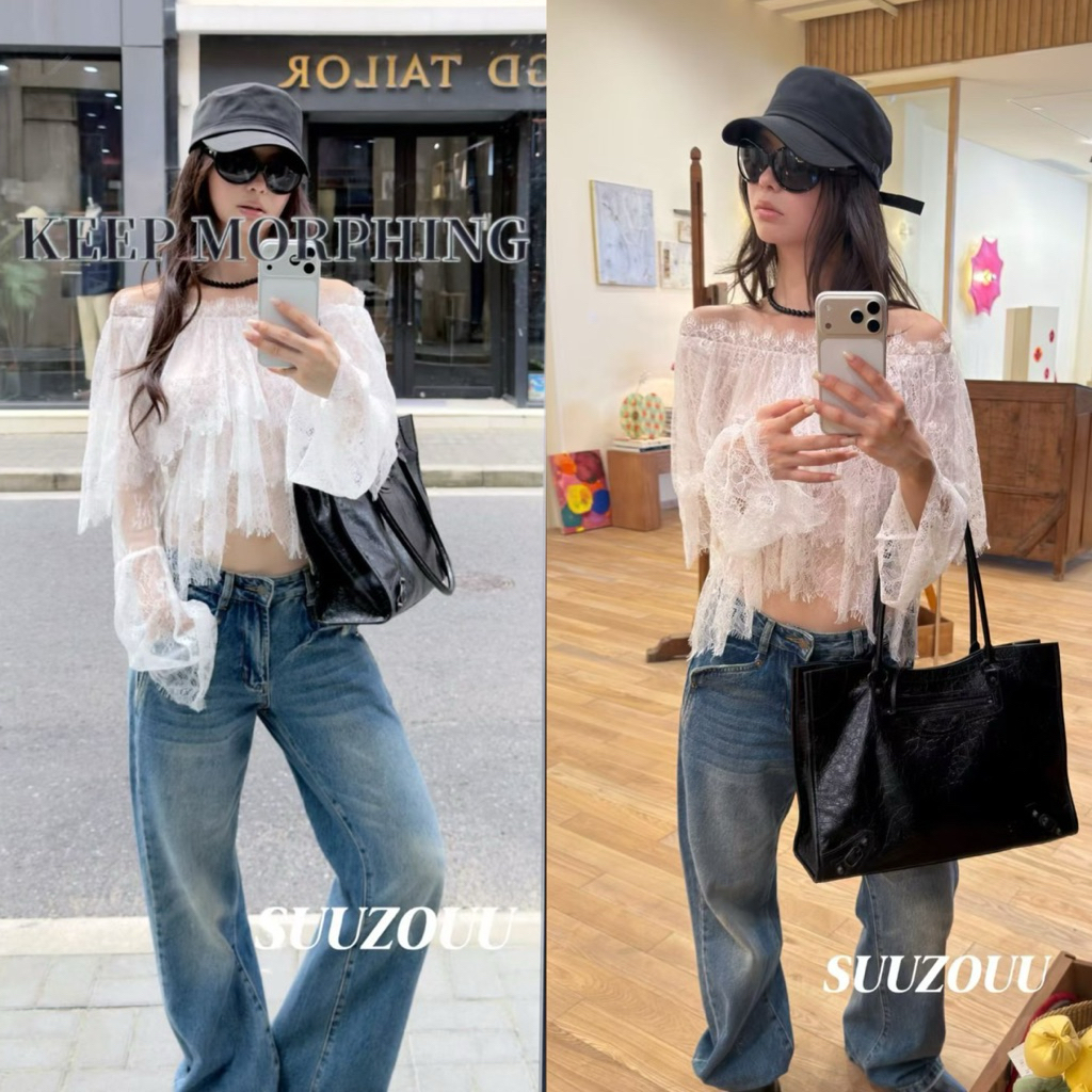 พร้อมส่ง #SU570 Lace Tiered Off-Shoulder Top เสื้อปาดไหล่ผ้าลูกไม้แต่งชั้นระบาย ลุคเกาหลีชิคสุดอลัง Tag MMfish