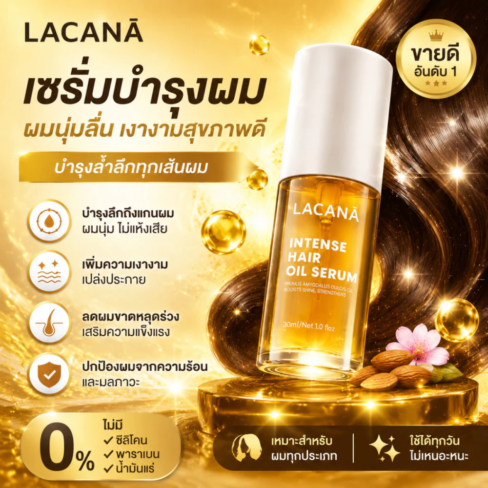 น้ำมันบำรุงผม Lacona เนื้อบางเบา มอบความเงางามให้ผมถึง 3 ระดับ!! ปกป้องเส้นผมจากความร้อน (30 มล.)