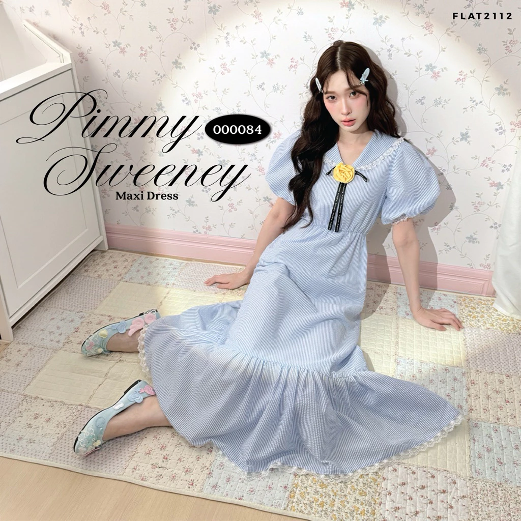 FLAT2112 : PIMMY SWEENY MAXI DRESS เดรสลายทางสีฟ้าแขนพอง แต่งปกกะลาสี เดรสหวานคุณหนู เดรสเจ้าหญิง เดรสเกาหลี (000084)