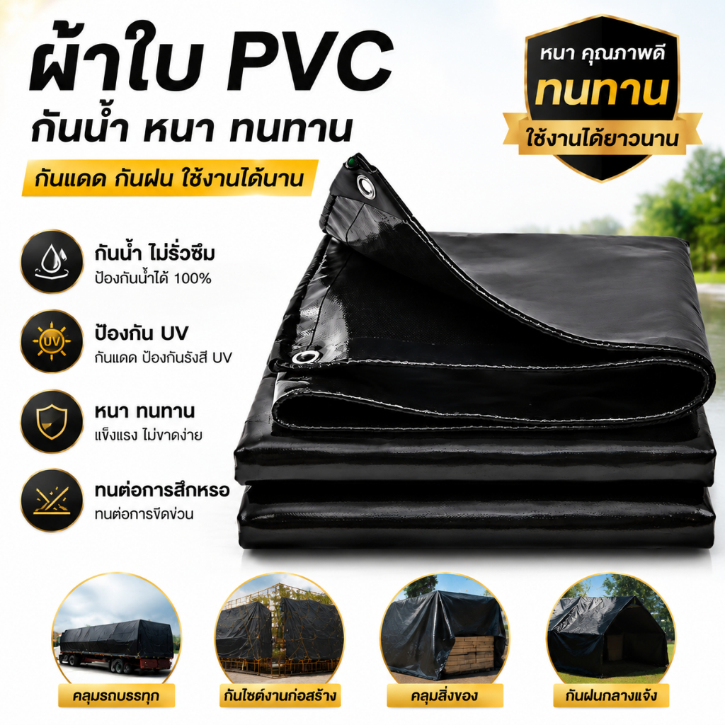 🎉ส่งเชือกฟรี🎉 ผ้าใบ PVC PE สีดำ กันน้ำ กันแดด กันยูวี มีรูยึด ขนาด 2x3 2x4 3x4 4x6 4x8m ทนทาน ไม่ขาดง่าย ผ้าคลุมรถ