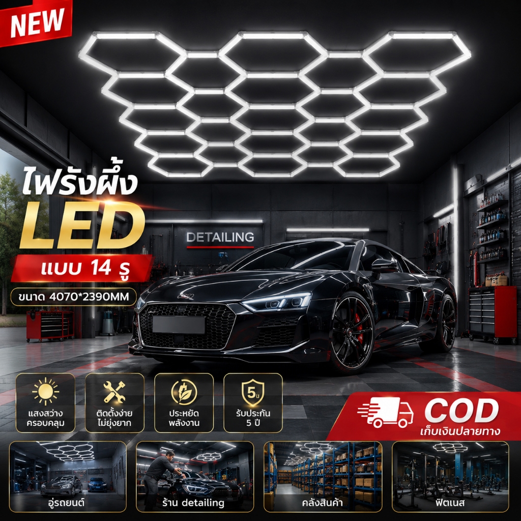 [SALE]ไฟคาร์แคร์ LED ไฟรังผึ้งหกเหลี่ยม ไฟโรงรถ ไฟติดเพดาน ไฟโชว์รถ ไฟล้างรถ สว่างสูง Hexagon Light