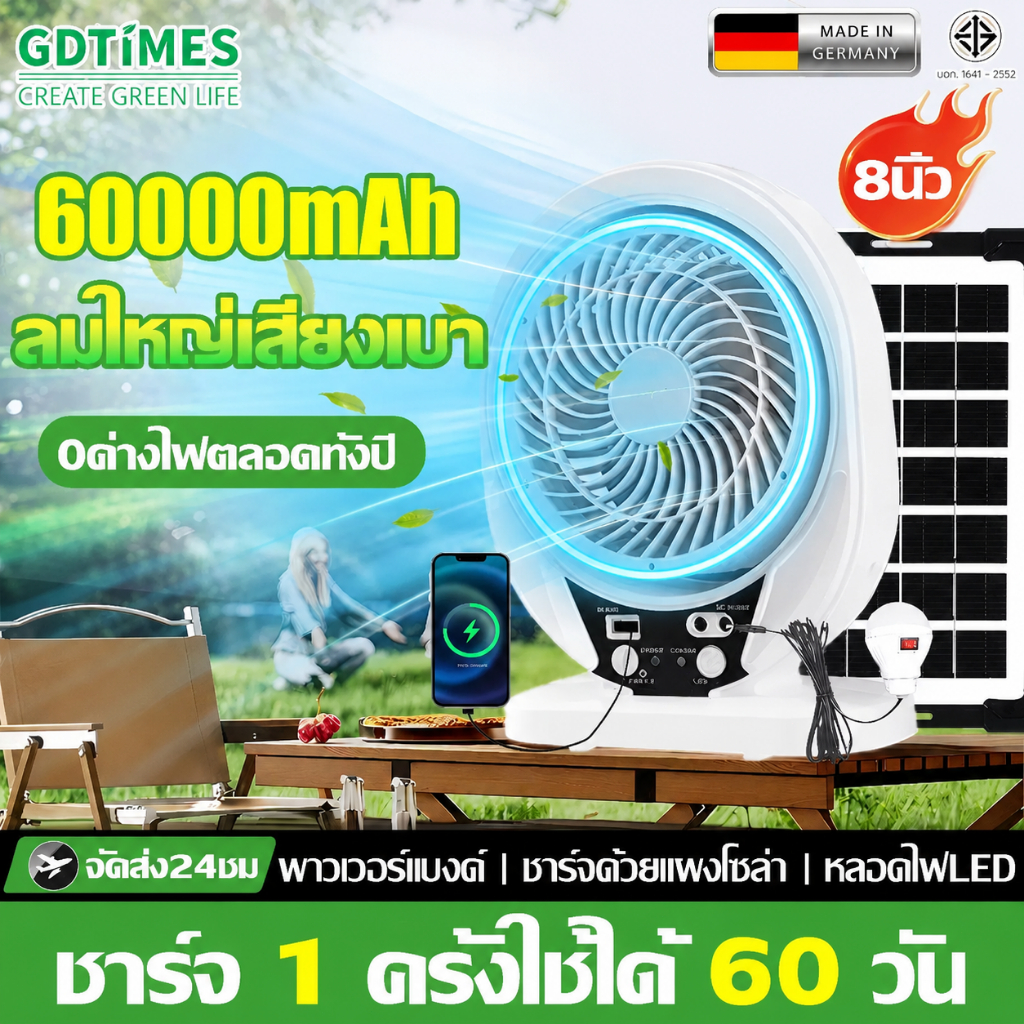 【รับประกัน20ปี】พัดลมโซล่าเซลล์ solar fan 8นิ้ว 60000mAh แถมหลอดไฟLED 2ดวง ใช่ไฟบ้านได้ พัดลมแคมป์ปิ้ง พัดลมแสงอาทิตย์