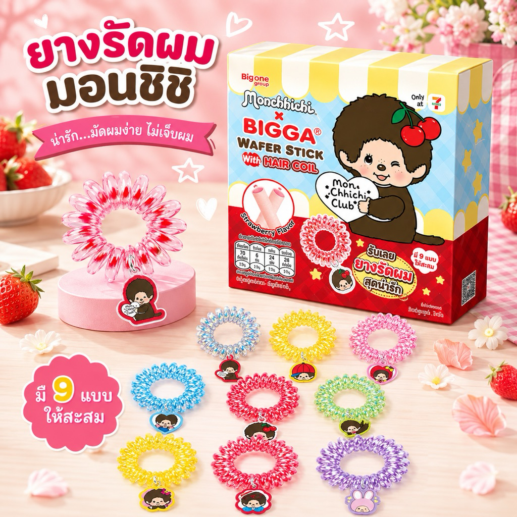 พร้อมส่ง!! ยางมัดผมมอนชิชิ Monchhichi Hair Coil พร้อมขนมเวเฟอร์แท่งกรุบกรอบสอดไส้ครีมกลิ่นสตรอว์เบอร์รี