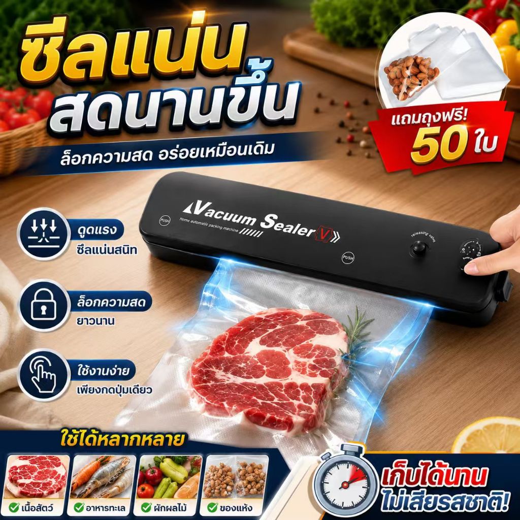 เครื่องซีลสูญญากาศ เครื่องซีลถุงอาหาร ดูดอากาศและซีลในเครื่องเดียว ซีลแน่น ช่วยเก็บความสด ใช้งานง่าย