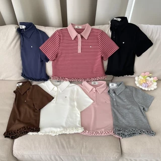 SISSY : เสื้อแขนสั้นคอปก(XS-XXL) แต่งระบาย ปักอะไหล่หัวใจ กระดุมหน้า ผ้านุ่มลื่น ใส่สบายผิว ระบายอากาศได้ดี