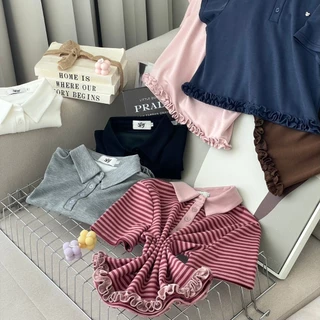 SISSY : เสื้อแขนสั้นคอปก(XS-XXL) แต่งระบาย ปักอะไหล่หัวใจ กระดุมหน้า ผ้านุ่มลื่น ใส่สบายผิว ระบายอากาศได้ดี