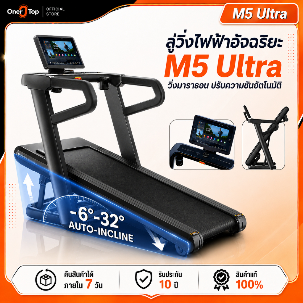 ลูวิ่งไฟฟ้า M5 UltraTreadmill 5.25HP จำลองการปีนเขา ปรับความชันได้ +32°-6° บลูทูธ APP ความเร็ว 20 ระ