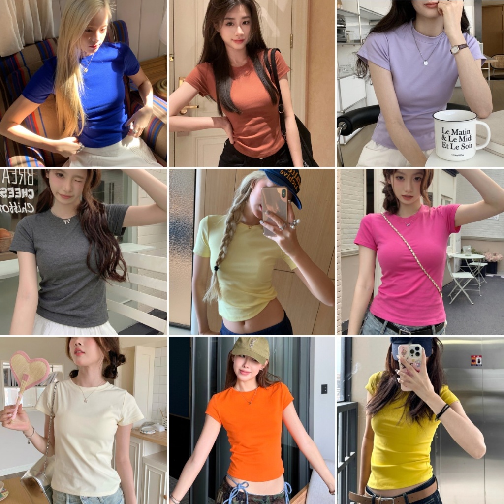 Bella Shop เสื้อยืด เสื้อยืดลำลองสำหรับผู้หญิง สีพื้น แขนสั้นคอกลม แฟชั่นสไตล์เกาหลี นุ่มสบาย