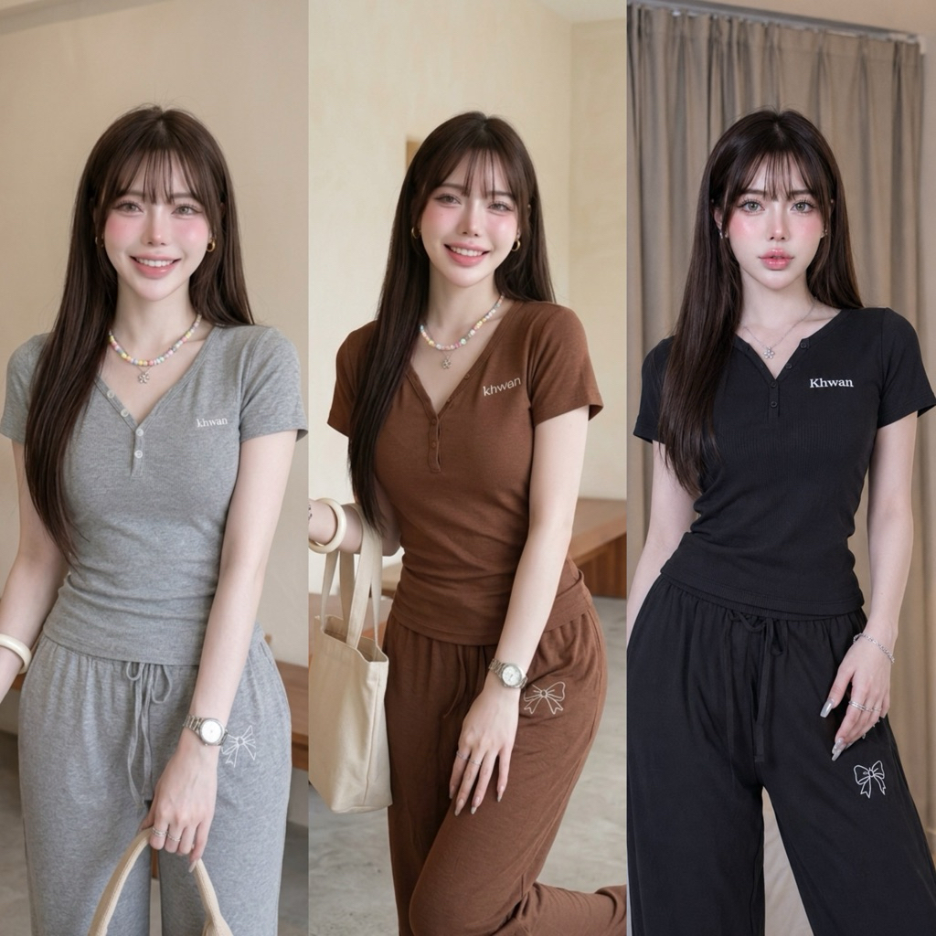 [Khwan] ชุดเซตผู้หญิง ผ้าร่อง เสื้อคอวีแต่งกระดุม กางเกงเอวยืด ทรงสวยพรางหุ่น (มีกระเป๋าใส่งานได้จริ