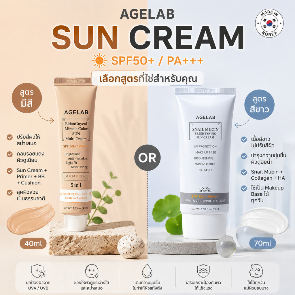 มี 2 สูตร AGELAB ครีมกันแดดเกาหลี SPF50+/PA+++ ช่วยดูแลเรื่องความกระจ่างใส + ริ้วรอย + ความชุ่มชื้น