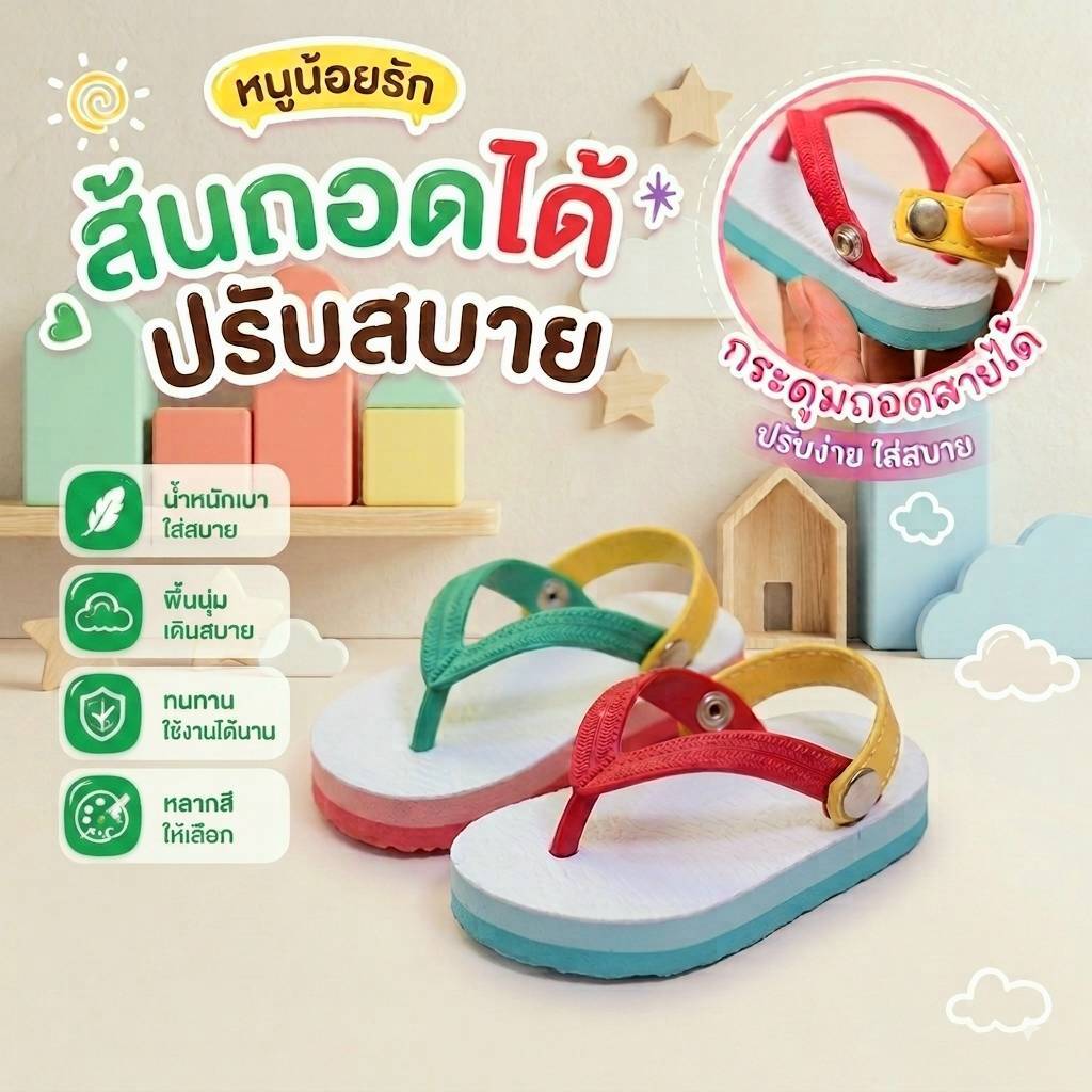 รองเท้าแตะ สไตล์ช้างดาว สีทูโทนแดงเขียว รัดส้น [รุ่นกระดุม ถอดสายได้]