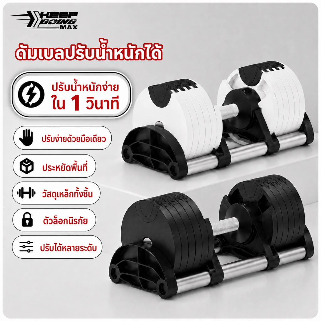 Keep going max เหล็กหล่อชุดดัมเบล20kg  หมุนที่จับเพื่อปรับน้ำหนัก แสดงน้ำหนัก ดัมเบลสมาร์ทสีดำ 20kg 