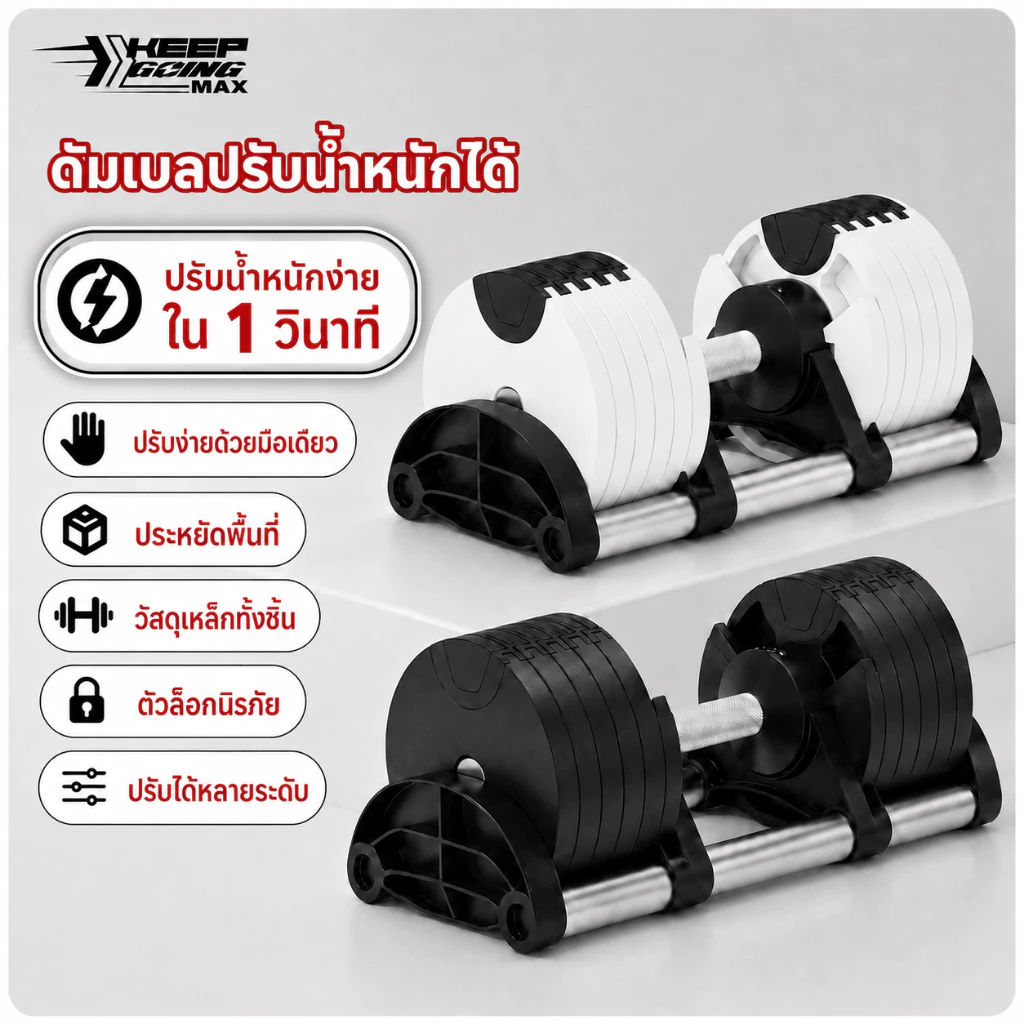 Keep going max เหล็กหล่อชุดดัมเบล20kg หมุนที่จับเพื่อปรับน้ำหนัก แสดงน้ำหนัก ดัมเบลสมาร์ทสีดำ 20kg Dumbbells (1ข้าง)
