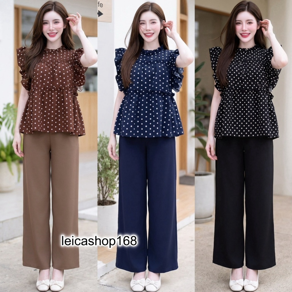 สินค้าพร้อมส่ง ชุดเซตยาว แฟชั่น ไหมอิตาลี เสื้อทรงปล่อย พิมพ์ลาย (Polka Dot) แขนแต่งระบาย กระดุมหลัง+กางเกง