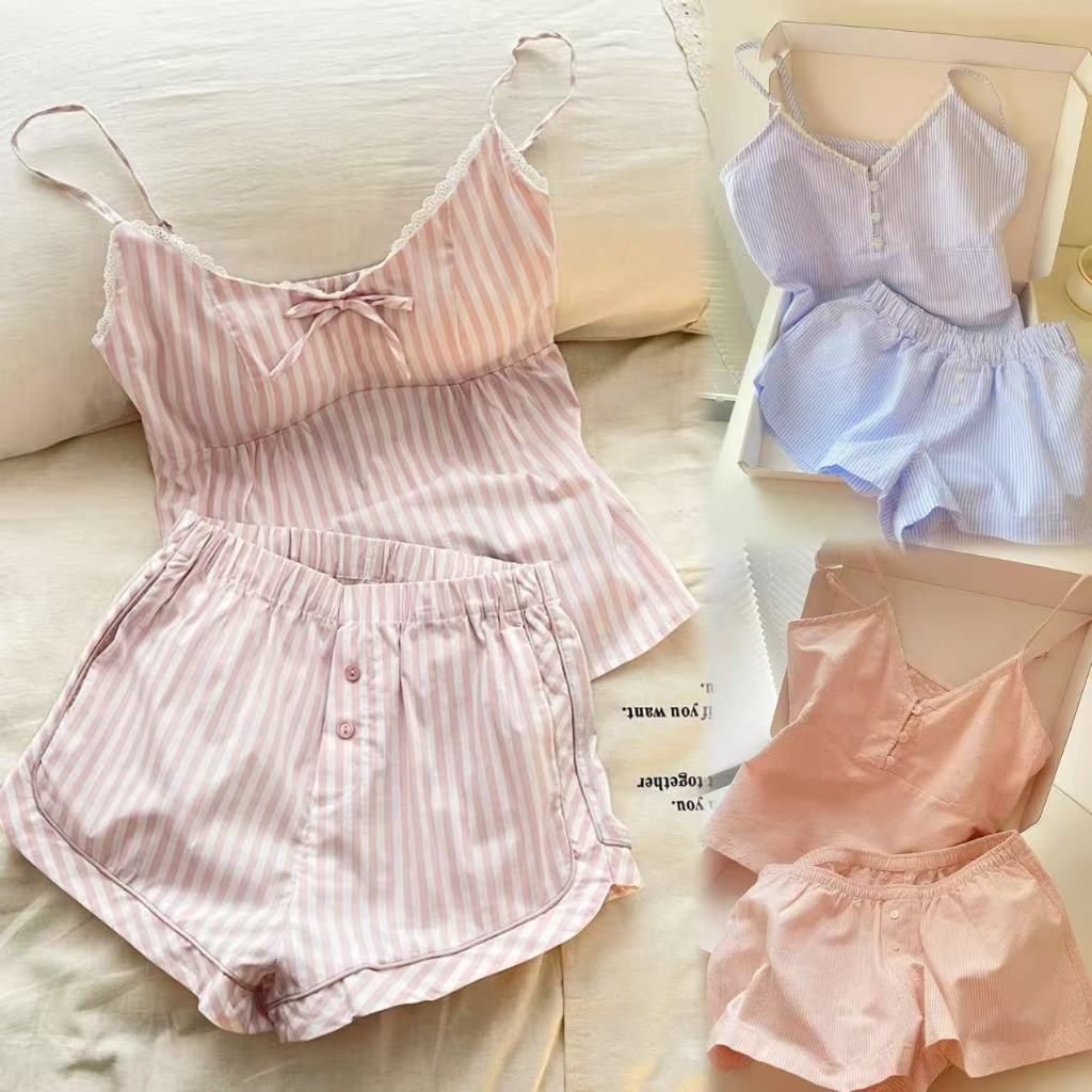 Swift Bra ชุดนอน 2 ชิ้น สายเดี่ยว + กางเกงขาสั้น สไตล์ฝรั่งเศส มีฟองน้ำ ลายทางชมพู ผ้านุ่ม ใส่สบาย