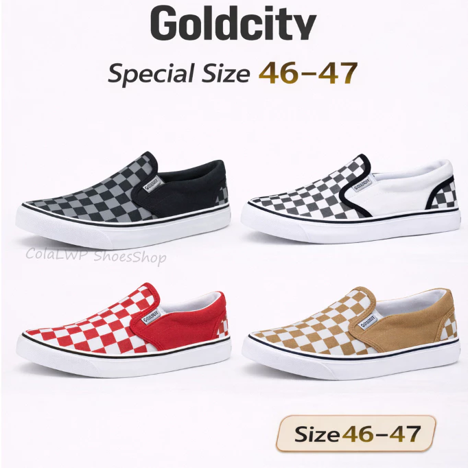 ▄▀▄▀รองเท้าผ้าใบแบบสวมสลิปออน GoldCity-9011 ลายหมากรุก เบอร์พิเศษ 46-47