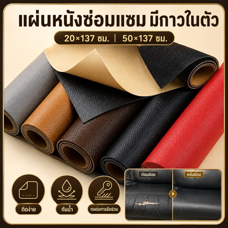หนัง PU มีกาวในตัว สำหรับซ่อมโซฟา เบาะรถยนต์ และเฟอร์นิเจอร์ ตัดใช้งานง่าย ติดแน่น