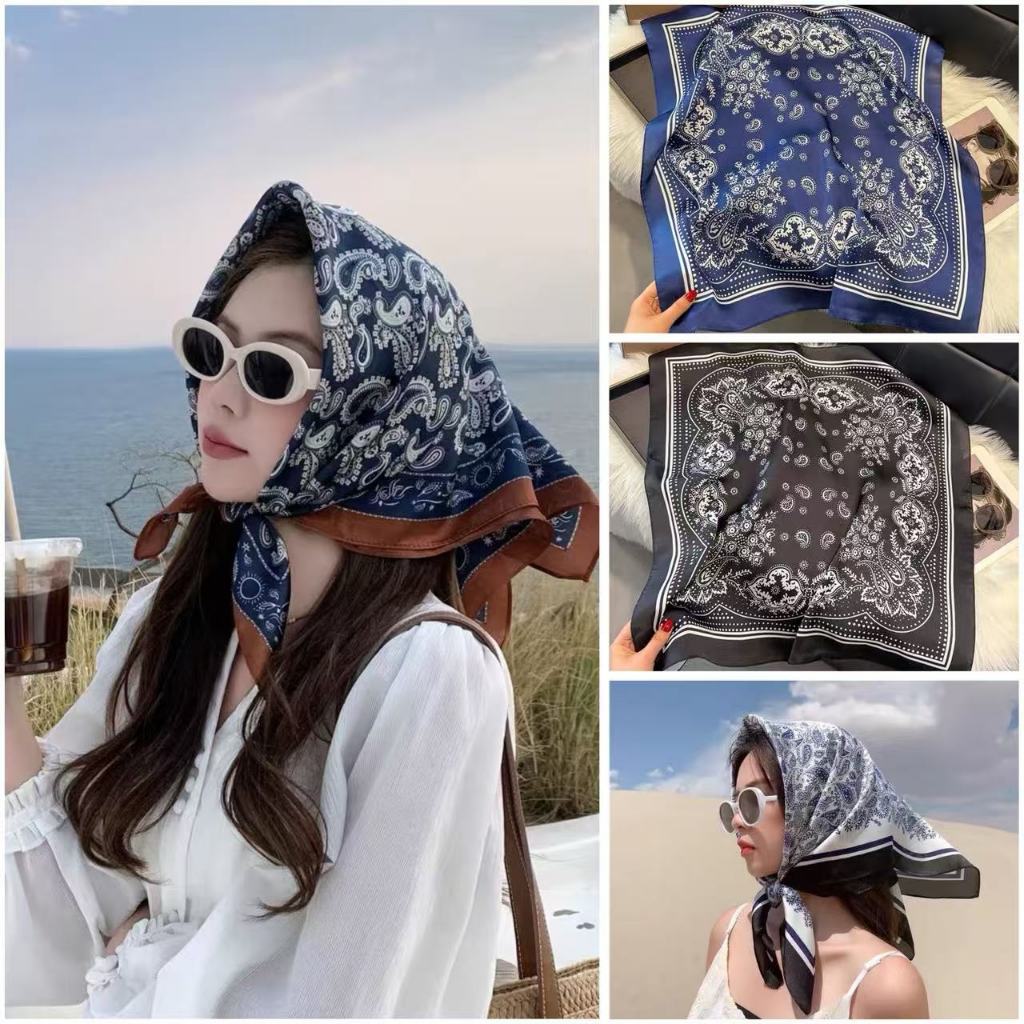 ผ้ามัดผม ลาย Paisley ผ้าซาตินโพลีเอสเตอร์ 70×70 ซม. สไตล์เกาหลี ผูกกระเป๋า