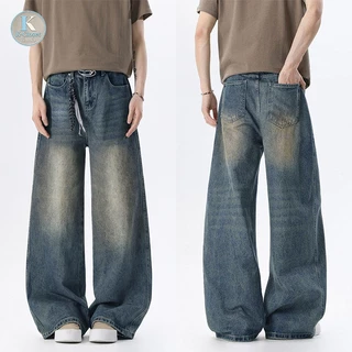 S-5XL Baggy กางเกงยีนส์ผู้ชาย สไตล์เกาหลี ทรงหลวม ขากว้าง สไตล์เรโทร ฟอกสีตามเทรนด์แฟชั่น