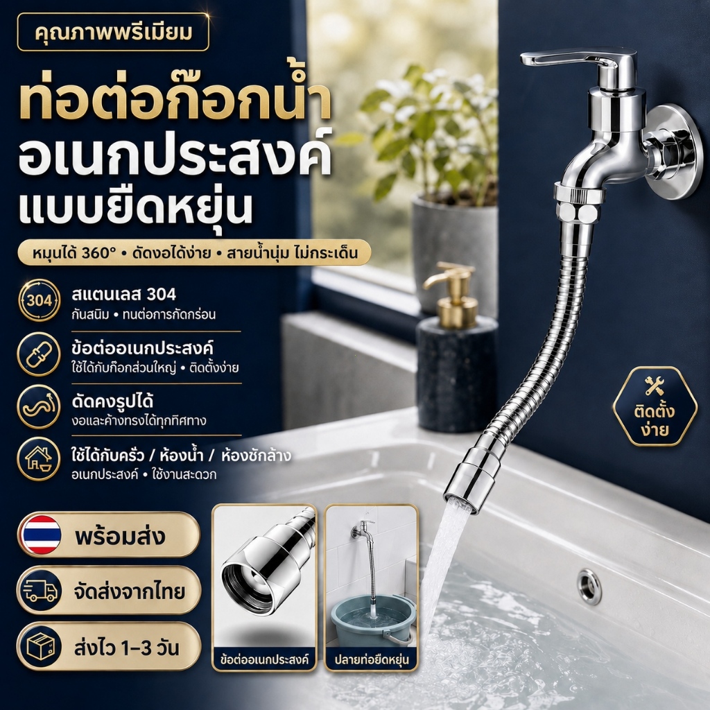 สายต่อก๊อกน้ำ 30/50 ซม. แบบยืดหยุ่น หมุนได้ 360° ข้อต่อสากล สแตนเลส ใช้กับก๊อกครัวและห้องน้ำ