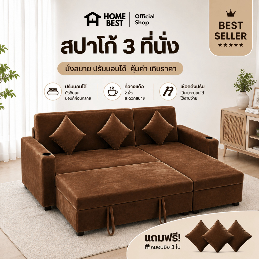 HOME BEST โซฟาสปาโก้ 3 ที่นั่ง โซฟาปรับนอน โซฟาตัว L ดึงเป็นเตียงนอนได้ พร้อมที่วางแก้ว 2 ข้าง แถมหมอน 3 ใบ