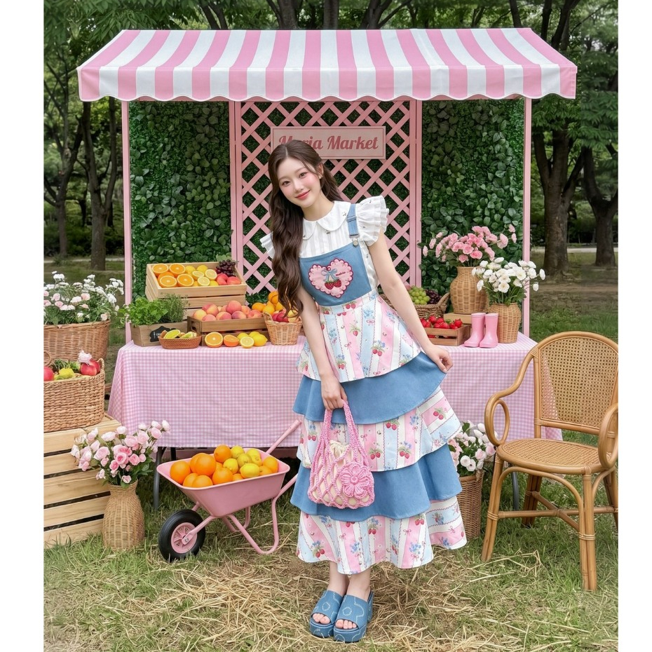 (มีถึง3XL) เซ็ต 2 ชิ้น Popular Berry Set เซ็ตเอี๊ยมกระโปรงทรงขนมชั้น ปักอกหัวใจสายปรับได้ + เสื้อตัวในผ้าชีฟองแขนระบาย