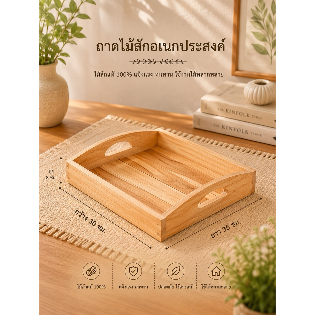 ถาดผลไม้/ถาดยกแก้ว ขอบโค้งมนทำจากไม้สัก