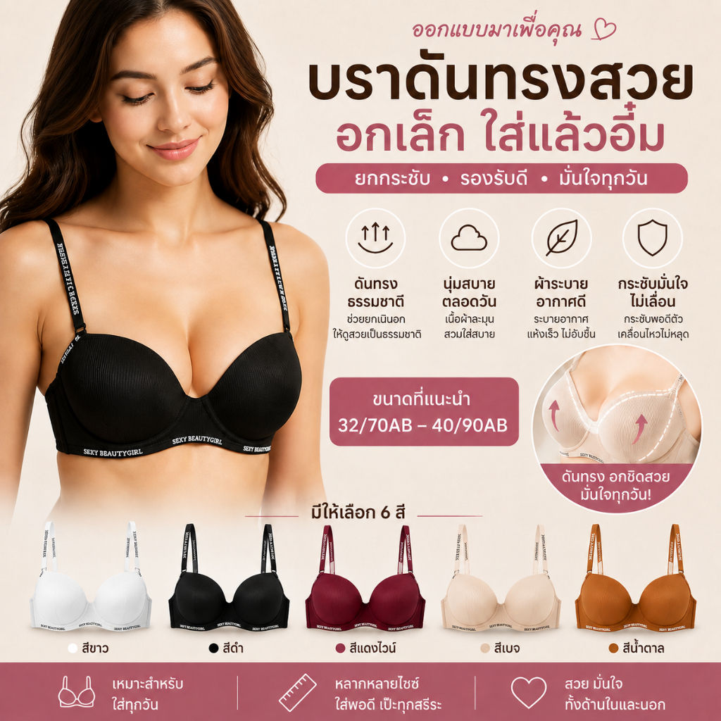 บราสินค้าใหม่ สำหรับสาวๆ ถ้วยกลมมน หนาขึ้น รวบอก ทำอกดูใหญ่ ไร้ตะเข็บ ไร้โครง ป้องกันอกหย่อนคล้อย ลายพิมพ์ตัวอักษร ส่งจา