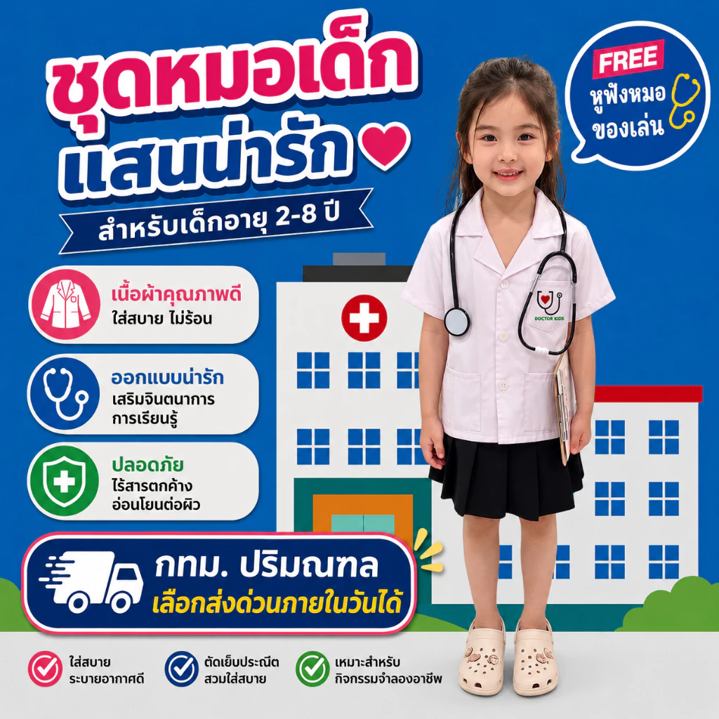 (KIDCITY) ชุดหมอหญิง ชุดหมอเด็ก แถมของเล่นหูฟังคุณหมอ ชุดอาชีพเด็ก