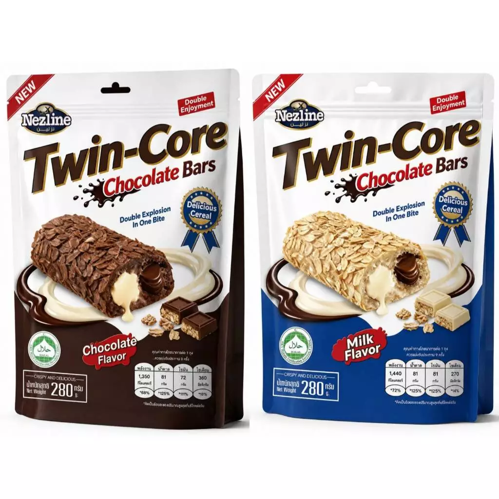 (1 ห่อ) Twin-Core Chocolate Bars ใหม่! ขนมเวเฟอร์เคลือบโอ๊ต 280 กรัม สอดไส้ครีม นม และช็อกโกแลต ตราเนสไลน์ ช็อกโกแลต
