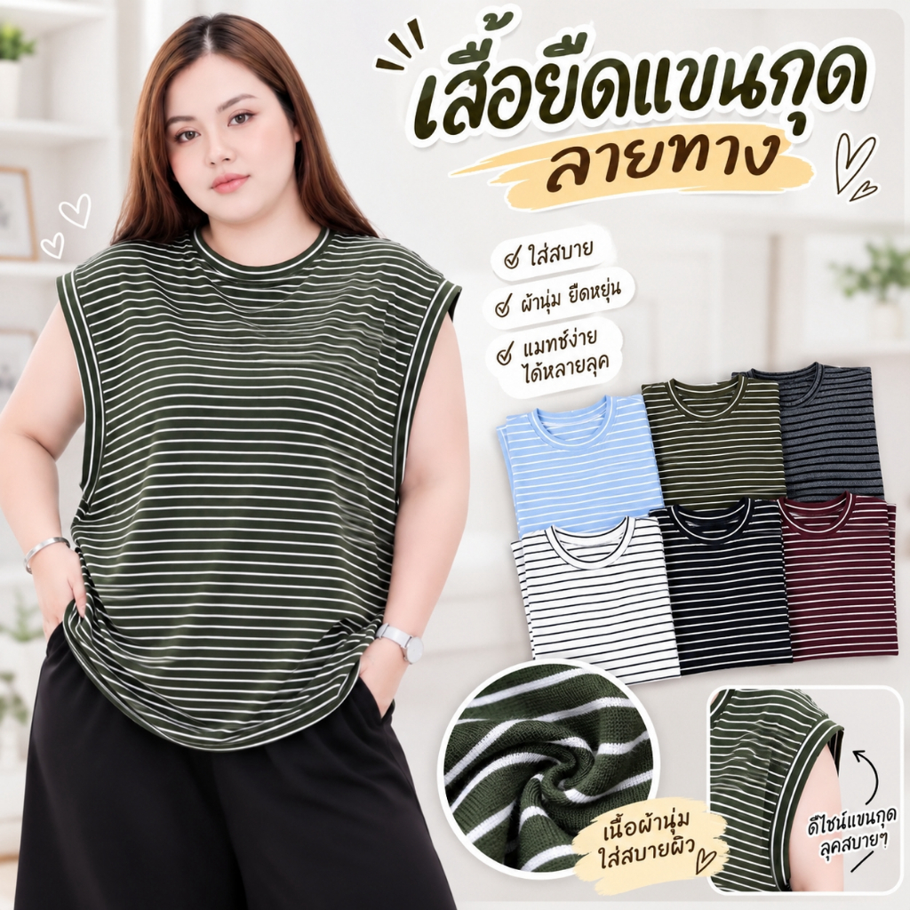 HMB® เสื้อยืดไซซ์ใหญ่สาวอวบ ทรงครอป ลายริ้ว แต่งระบายคอและชายเสื้อ ผ้านิ่ม ระบายอากาศดี ทรงสวยน่ารัก