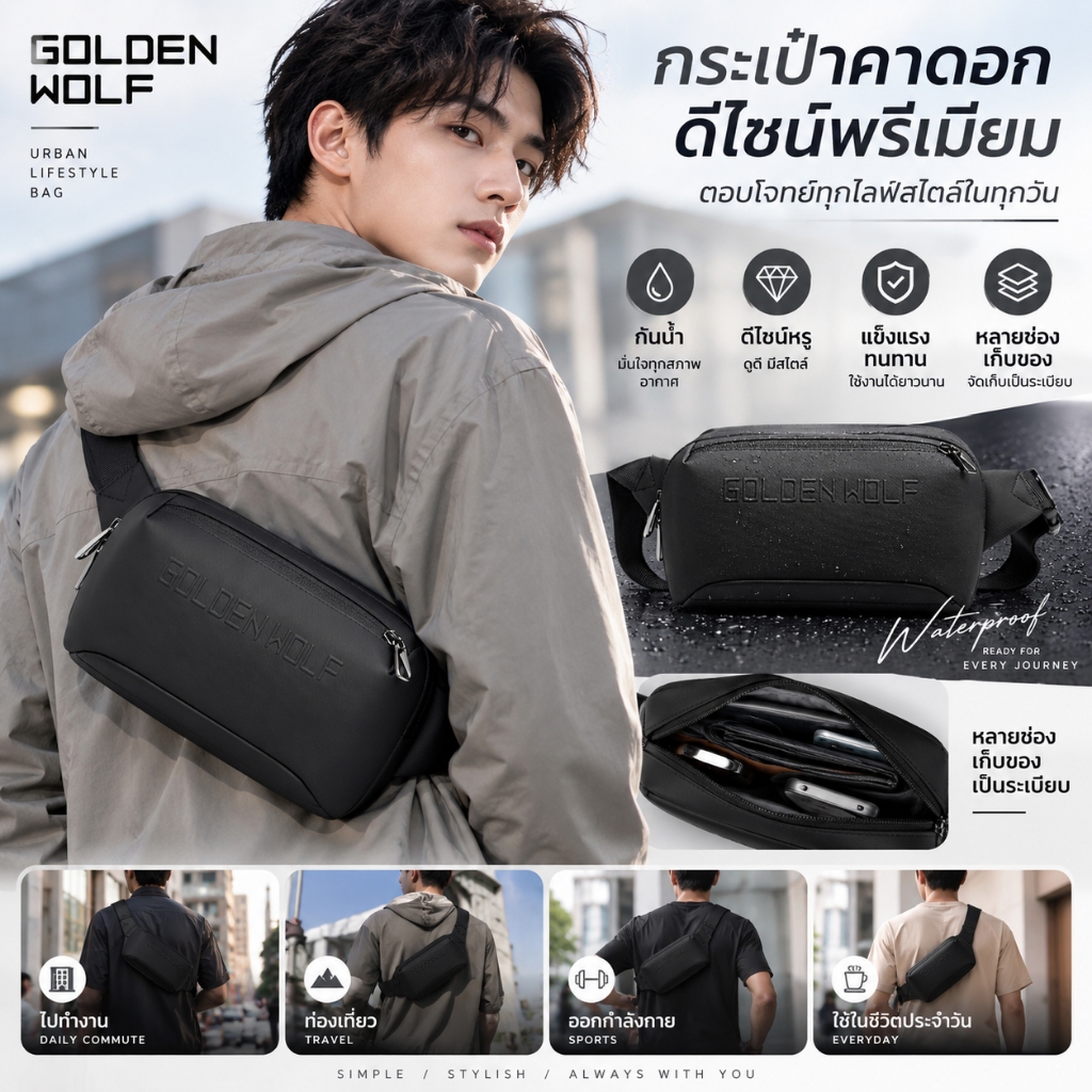 กระเป๋าคาดอก กระเป๋าสะพายข้าง ผ้าและซิปกันน้ำ หัวซิปยืดได้ สะท้อนแสงเมื่อโดนไฟ โคตรทน สายเข็มขัดหนา ปรับขนาดได้