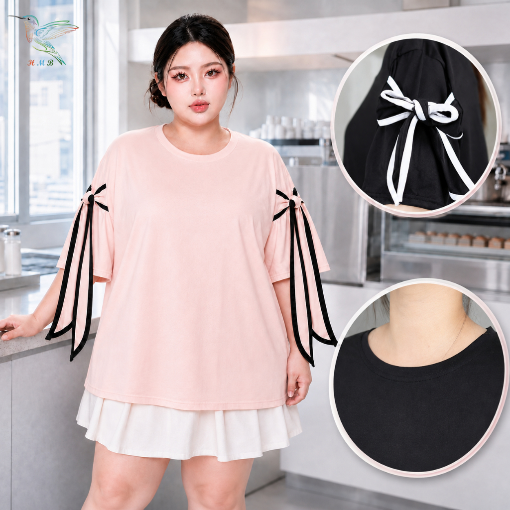 HMB® เสื้อยืดผู้หญิง ไซส์ใหญ่ คอกลม แขนสั้น ดีเทลแต่งโบว์ ผ้าคอตตอนผสม เนื้อผ้านิ่ม ใส่เที่ยวใส่ทำงา