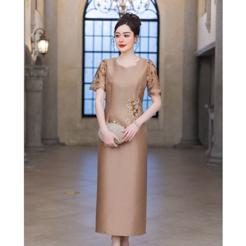 All Ladies เดรสยาวผ้าไหมแขนลูกไม้เลื่อม(496-01/02)