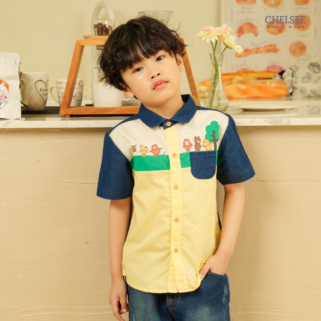 Chelsee เสื้อเชิ้ตตัดต่อยีนส์ แขนสั้น ลายสวนสัตว์ ผ้ายีนส์เดนิม นิ่ม เด็กผู้ชาย อายุ 1.5-10ปี เสื้อผ้าเด็กโต รุ่น 128294