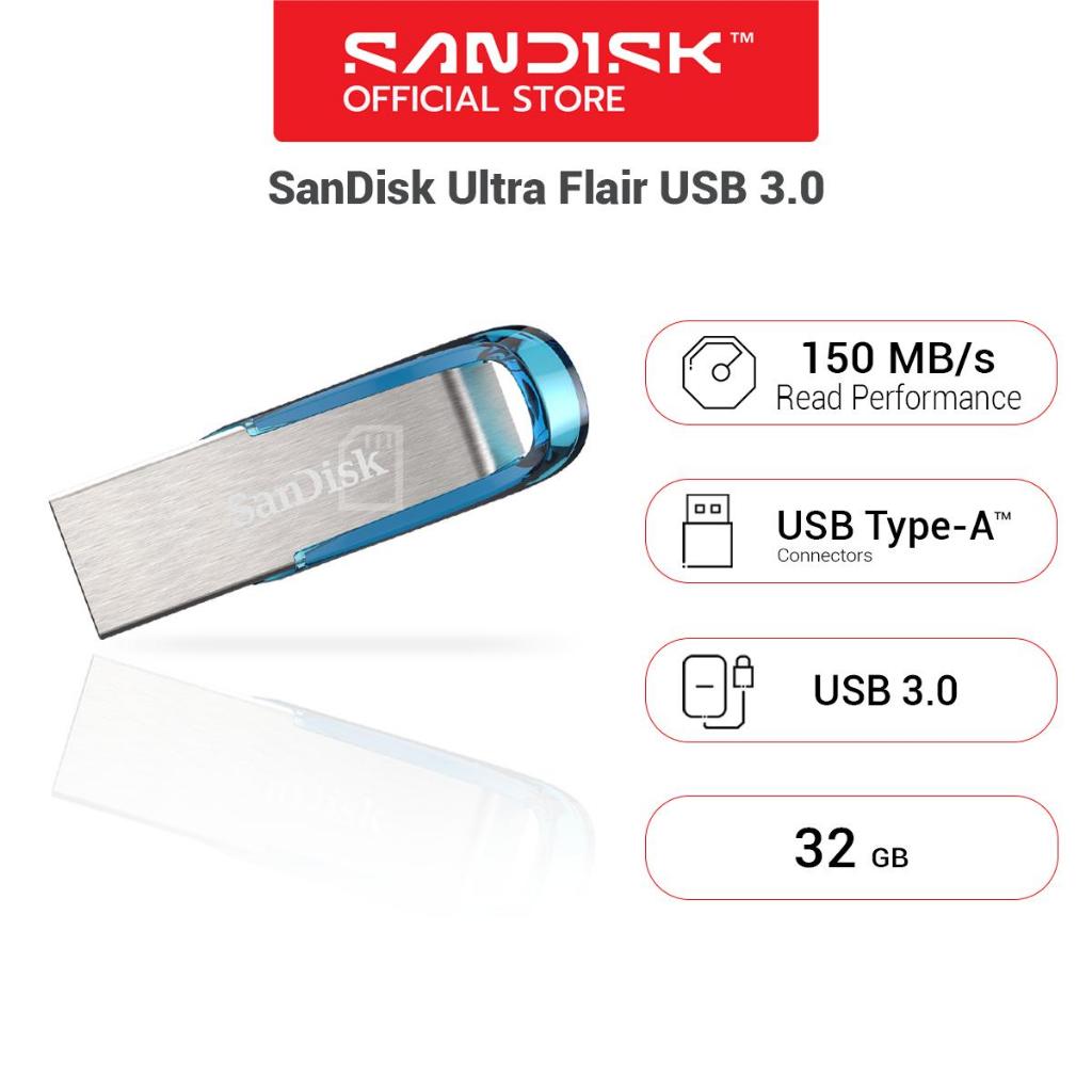 SanDisk (สีฟ้า) Flash Drive Ultra Flair USB 3.0 32GB Speed 150MB/s (SDCZ73_032G_G46B) แฟลชไดร์ฟ PC  รับประกัน Synnex 5ปี