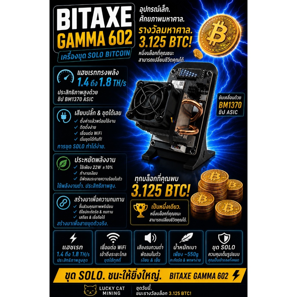 เครื่องขุดบิตคอยน์ Solo Bitaxe Gamma 602 Upgraded — 1.4 to 1.8 Th/s Chip BM1370 x 1 - สินค้าพร้อมส่ง