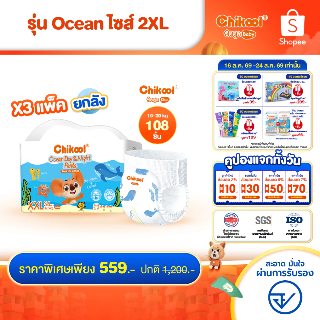 [ขายยกลัง x3 แพ็ค] Chikool Ocean Day&Night Pants ชิคคูล กางเกงผ้าอ้อมเด็ก โอเชียน เดย์&ไนท์ ไซส์ 2XL 108 ชิ้น