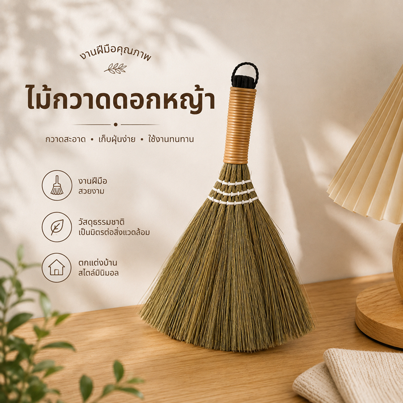 ไม้กวาด ไม้กวาด ไม้กวาดดอกหญ้า รุ่นหนา กวาดฝุ่น ปัดฝุ่น ขนแน่น ด้ามไม้