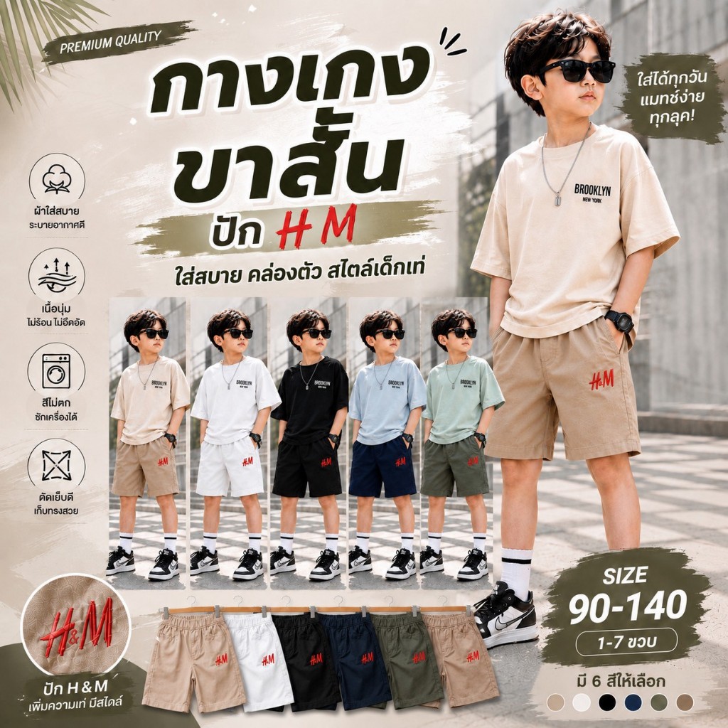 มาใหม่ กางเกงขาสั้นปัก HM สำหรับเด็กอายุ 1-7 ปี ใส่สบาย คล่องตัว สไตล์เด็กเท่ ไม่ซ้ำใคร