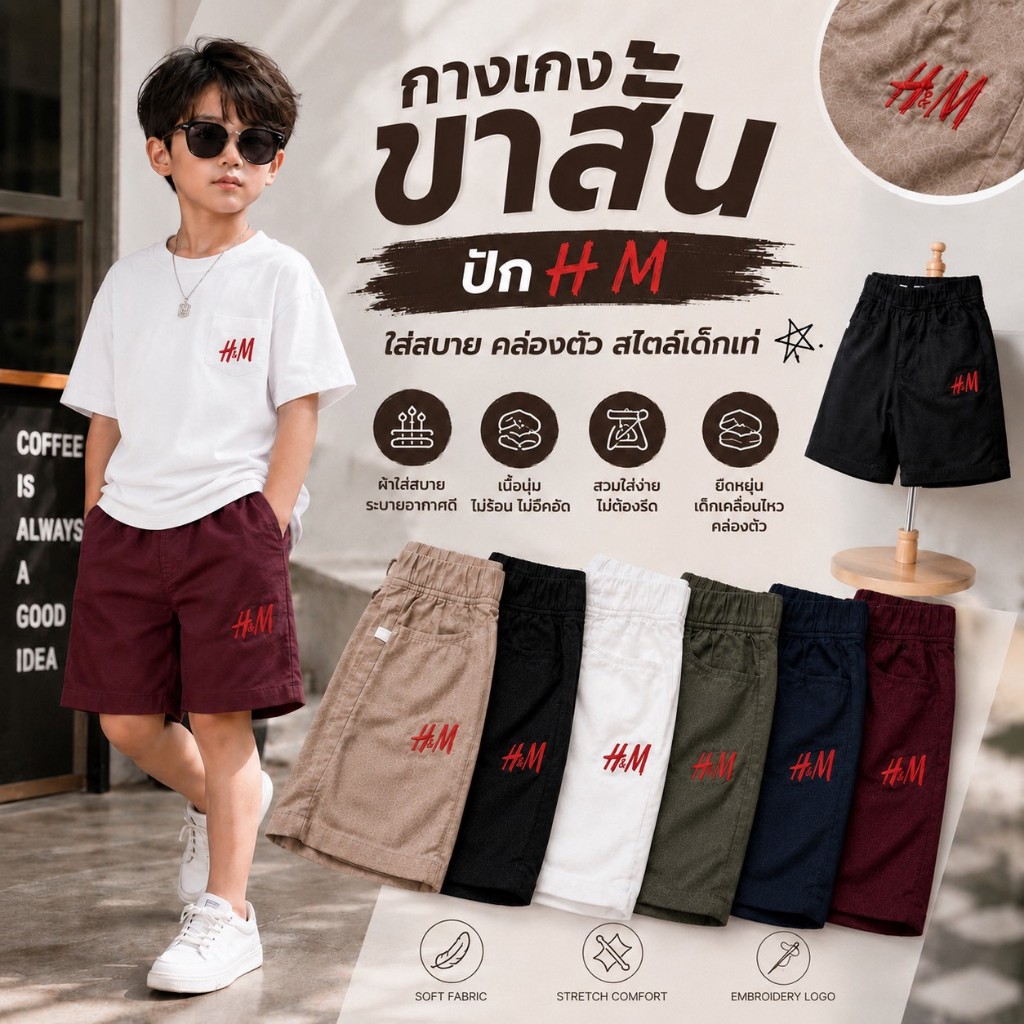 🎉💥มาใหม่💥🎉 กางเกงขาสั้นปัก HM สำหรับเด็กอายุ 1-7 ปี  ใส่สบาย คล่องตัว สไตล์เด็กเท่ ไม่ซ้ำใคร