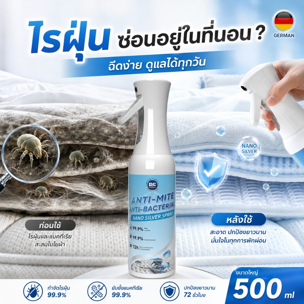สเปรย์ทำความสะอาดที่นอน 500ml ช่วยลดไรฝุ่น ยับยั้งแบคทีเรีย 99.9% สูตร Nano Silver ใช้งานง่าย