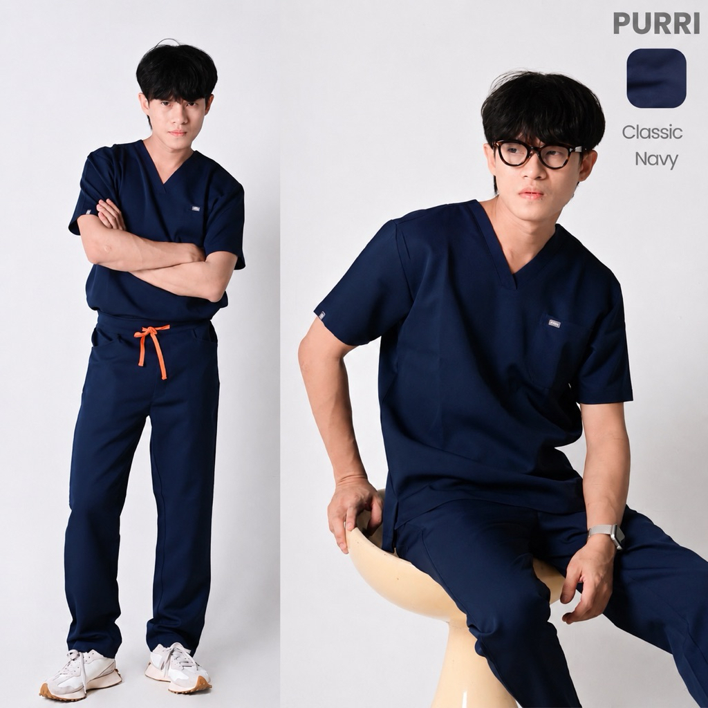 PURRI (Men) ชุดสครับทางการแพทย์ รุ่น Classic สี Navy (รวมเสื้อและกางเกง) ชุดหมอ ชุดผ่าตัด