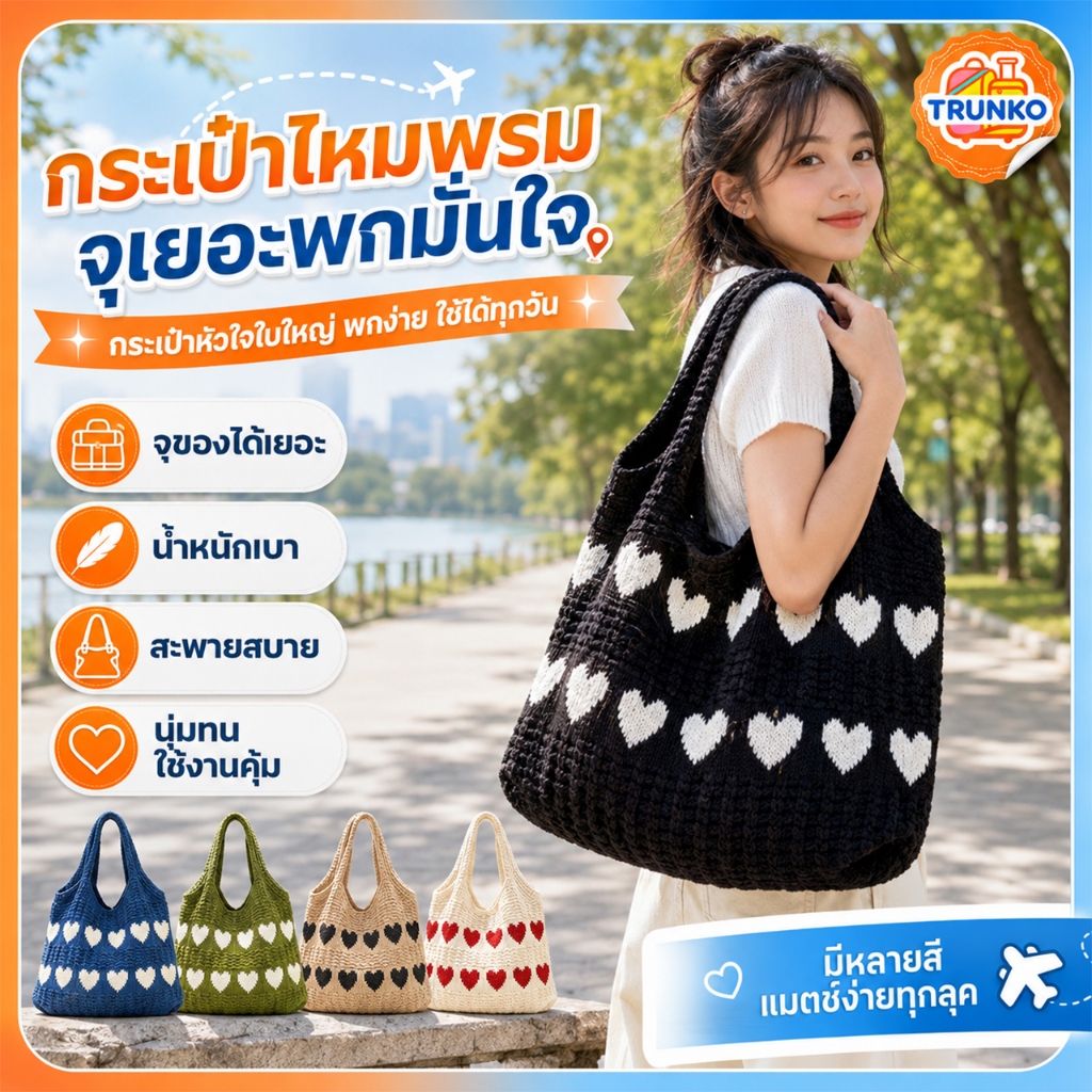 กระเป๋าสานไหมพรม ดีไซน์วินเทจคลาสสิค ใส่ได้เยอะ สะพายไหล่-ข้าง ไปทะเลหรือใช้ประจำวัน มีหลายสีและลาย สวยเก๋ไม่ซ้ำใคร